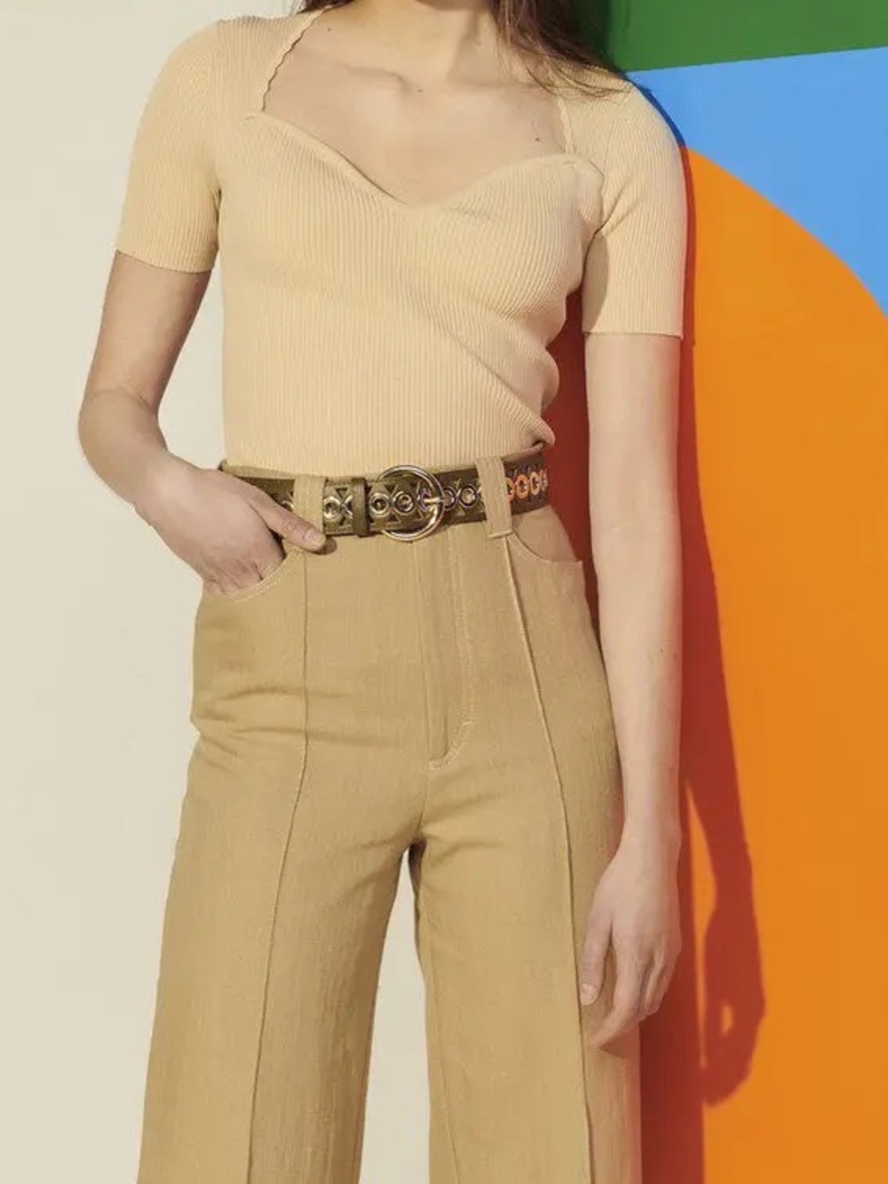 Sandro Beige Rib Knit Sweetheart Top